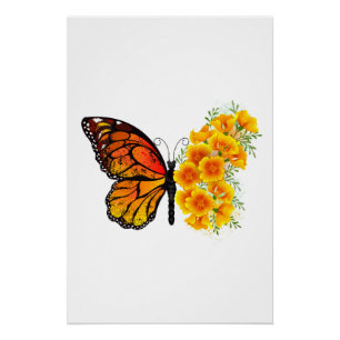 Schmetterling mit gelbem Kalifornischen Mohn Poster