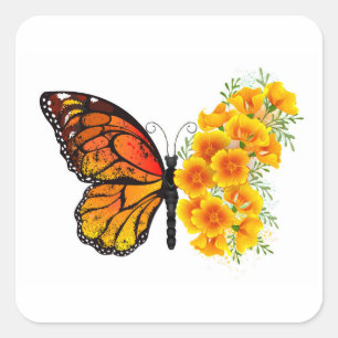Schmetterling mit gelbem Kalifornischen Mohn Quadratischer Aufkleber