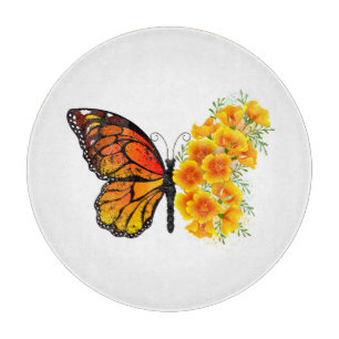 Schmetterling mit gelbem Kalifornischen Mohn Schneidebrett