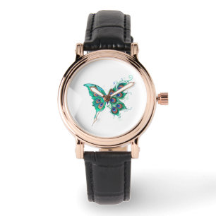 Schmetterling mit grünen Pfauenfedern Armbanduhr
