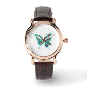 Schmetterling mit grünen Pfauenfedern Armbanduhr