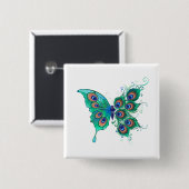 Schmetterling mit grünen Pfauenfedern Button (Vorne & Hinten)