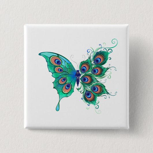 Schmetterling mit grünen Pfauenfedern Button (Vorderseite)