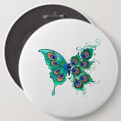 Schmetterling mit grünen Pfauenfedern Button (Vorne & Hinten)