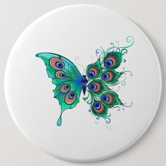 Schmetterling mit grünen Pfauenfedern Button (Vorderseite)