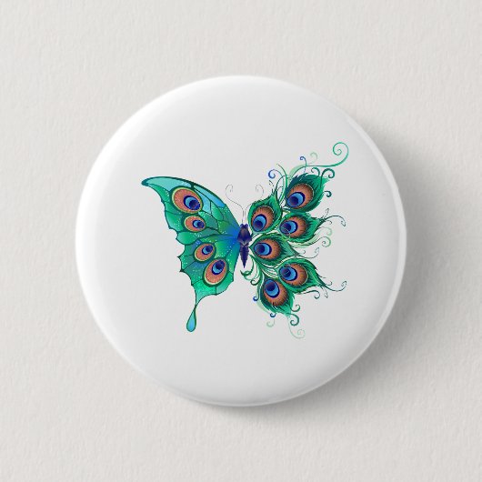 Schmetterling mit grünen Pfauenfedern Button (Vorderseite)
