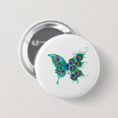 Schmetterling mit grünen Pfauenfedern Button (Vorne & Hinten)