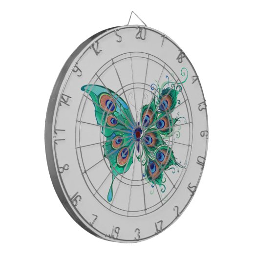 Schmetterling mit grünen Pfauenfedern Dartscheibe (Vorderseite Links)