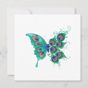 Schmetterling mit grünen Pfauenfedern Einladung