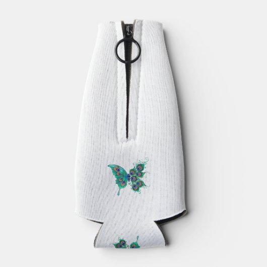 Schmetterling mit grünen Pfauenfedern Flaschenkühler (Rückseite)