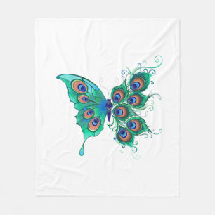 Schmetterling mit grünen Pfauenfedern Fleecedecke