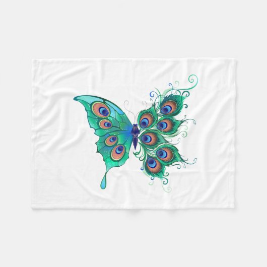 Schmetterling mit grünen Pfauenfedern Fleecedecke (Vorderseite (Horizontal))