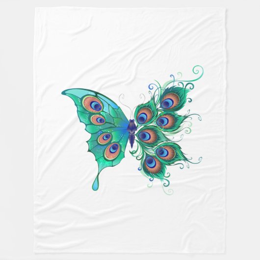 Schmetterling mit grünen Pfauenfedern Fleecedecke (Vorderseite)