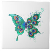 Schmetterling mit grünen Pfauenfedern Fliese (Vorderseite)