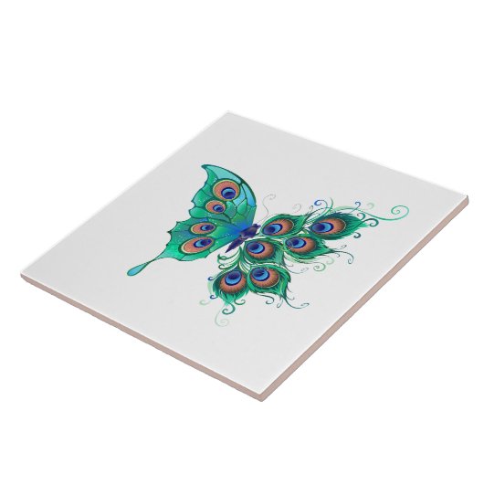 Schmetterling mit grünen Pfauenfedern Fliese (Seite)