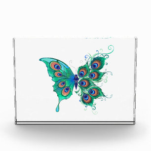 Schmetterling mit grünen Pfauenfedern Fotoblock