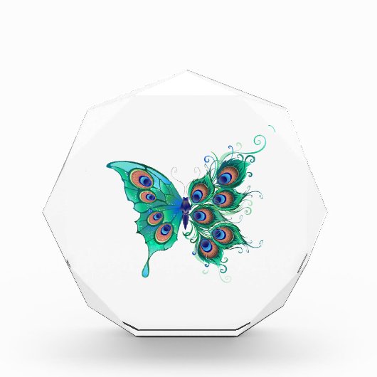 Schmetterling mit grünen Pfauenfedern Fotoblock (Vorderseite)