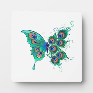 Schmetterling mit grünen Pfauenfedern Fotoplatte