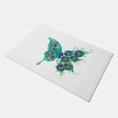 Schmetterling mit grünen Pfauenfedern Fußmatte (Schrägansicht)