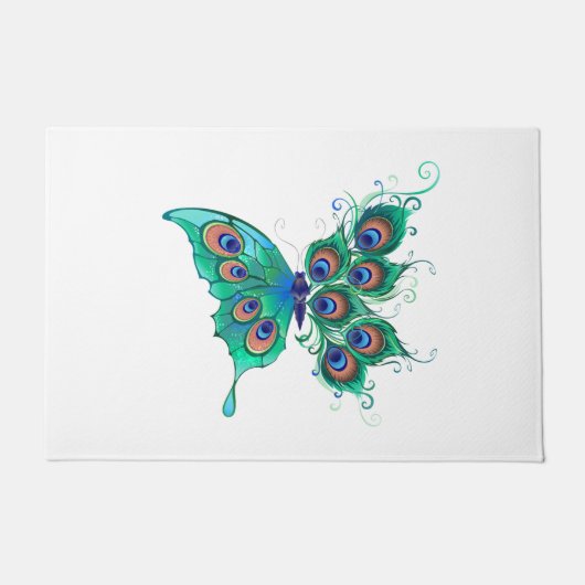Schmetterling mit grünen Pfauenfedern Fußmatte (Vorderseite)