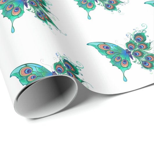 Schmetterling mit grünen Pfauenfedern Geschenkpapier (Rolleneckpunkt)