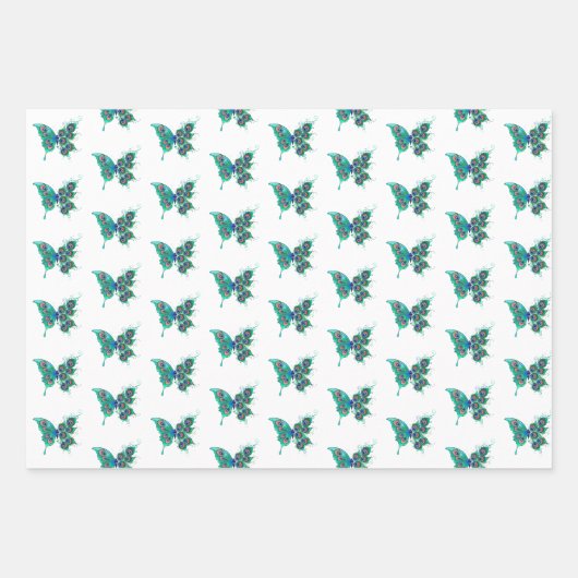 Schmetterling mit grünen Pfauenfedern Geschenkpapier Set (Vorderseite 2)
