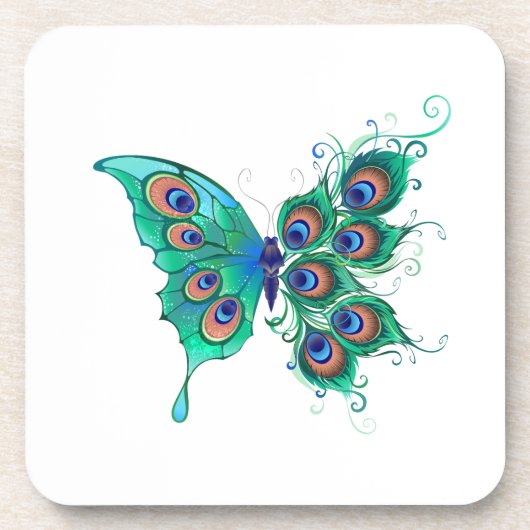 Schmetterling mit grünen Pfauenfedern Getränkeuntersetzer (Vorderseite)