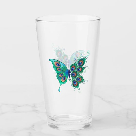 Schmetterling mit grünen Pfauenfedern Glas (Vorderseite)