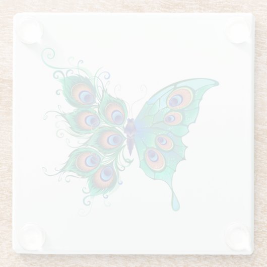 Schmetterling mit grünen Pfauenfedern Glasuntersetzer (Rückseite)