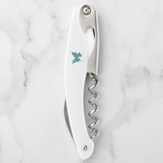 Schmetterling mit grünen Pfauenfedern Kellnermesser (Rückseite)