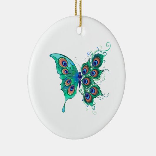 Schmetterling mit grünen Pfauenfedern Keramik Ornament (Rechts)
