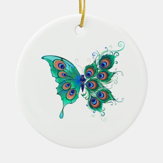 Schmetterling mit grünen Pfauenfedern Keramik Ornament (Vorne)