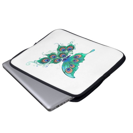 Schmetterling mit grünen Pfauenfedern Laptopschutzhülle (Vorne Knopf)