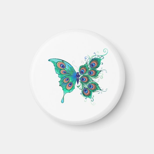 Schmetterling mit grünen Pfauenfedern Magnet (Vorne)