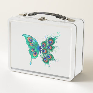 Schmetterling mit grünen Pfauenfedern Metall Brotdose