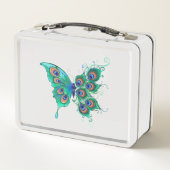 Schmetterling mit grünen Pfauenfedern Metall Brotdose (Rückseite)