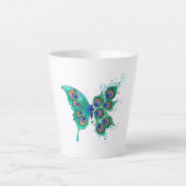 Schmetterling mit grünen Pfauenfedern Milchtasse (Vorderseite)
