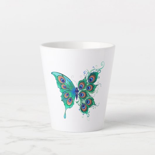 Schmetterling mit grünen Pfauenfedern Milchtasse (Vorderseite)