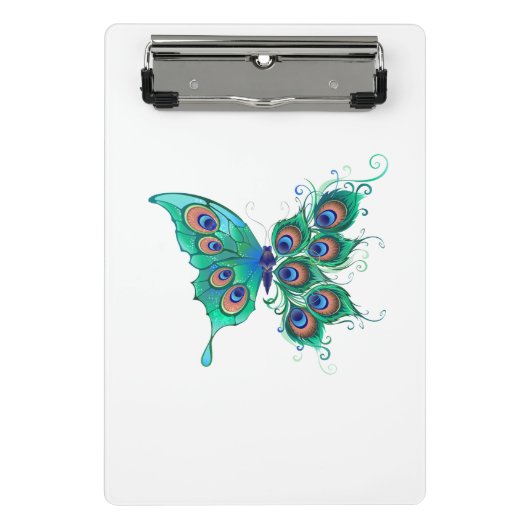 Schmetterling mit grünen Pfauenfedern Mini Klemmbrett (Vorderseite)
