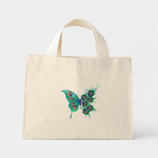 Schmetterling mit grünen Pfauenfedern Mini Stoffbeutel (Vorne)