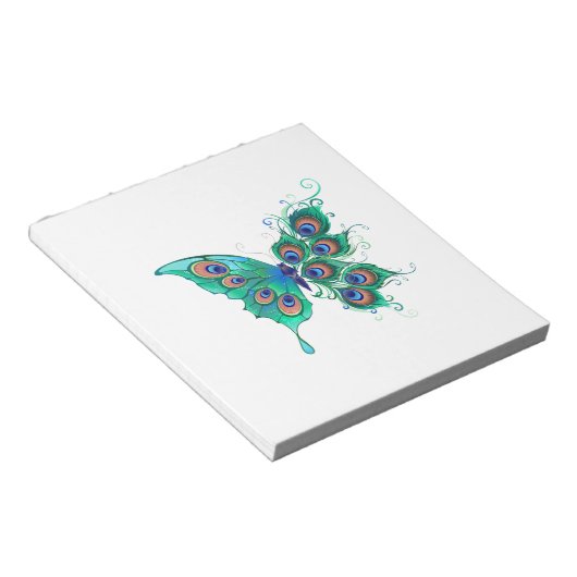 Schmetterling mit grünen Pfauenfedern Notizblock (angewinkelt)