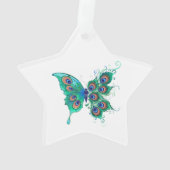 Schmetterling mit grünen Pfauenfedern Ornament (Rückseite)