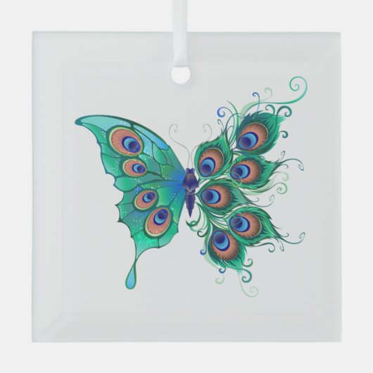 Schmetterling mit grünen Pfauenfedern Ornament Aus Glas (Vorderseite)