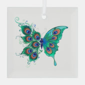 Schmetterling mit grünen Pfauenfedern Ornament Aus Glas (Rückseite)