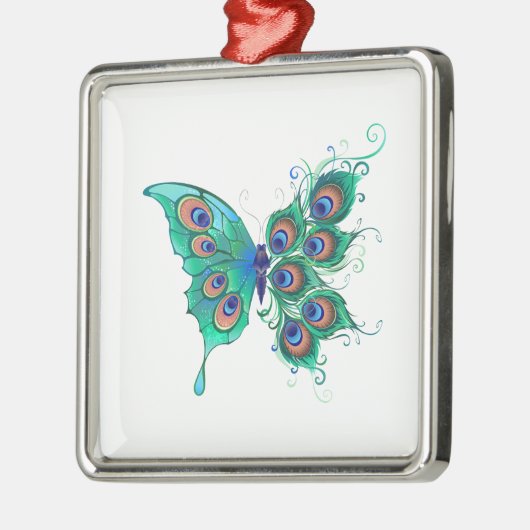 Schmetterling mit grünen Pfauenfedern Ornament Aus Metall (Links)