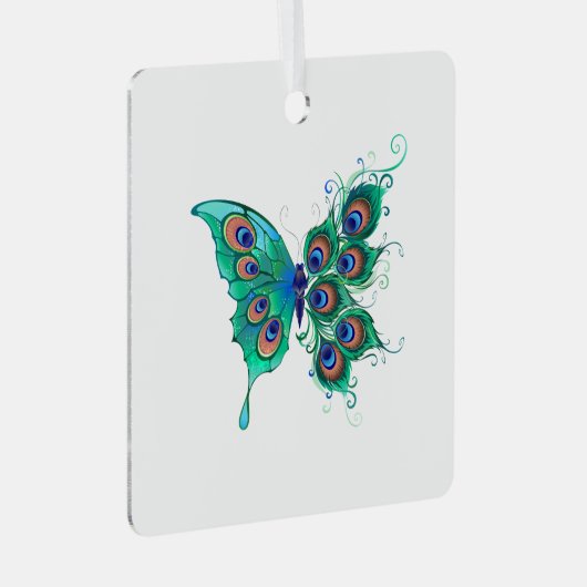 Schmetterling mit grünen Pfauenfedern Ornament Aus Metall (Vorderseite Rechts)