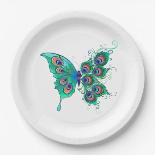 Schmetterling mit grünen Pfauenfedern Pappteller