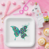Schmetterling mit grünen Pfauenfedern Pappteller (Party)