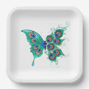 Schmetterling mit grünen Pfauenfedern Pappteller