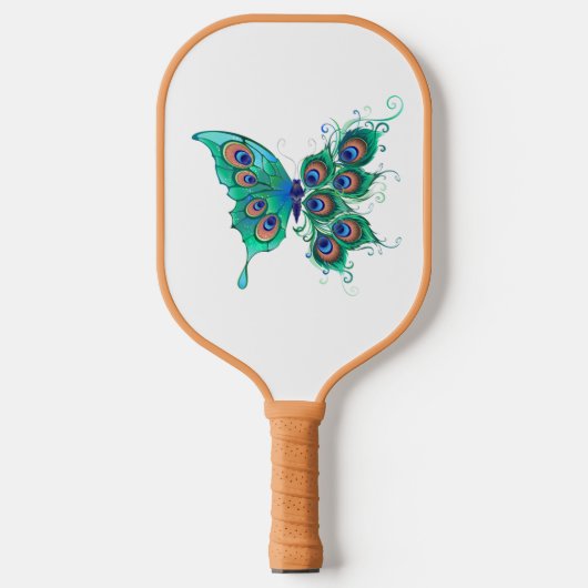 Schmetterling mit grünen Pfauenfedern Pickleball Schläger (Vorderseite)